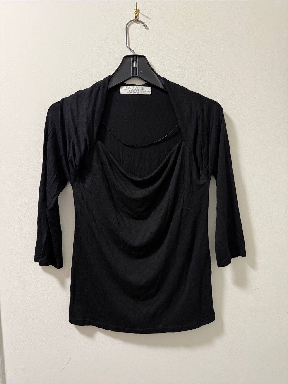 Zara Basics Draped Black Top with 3/4 Sleeve & shrug overlay. Woman’s Size L.